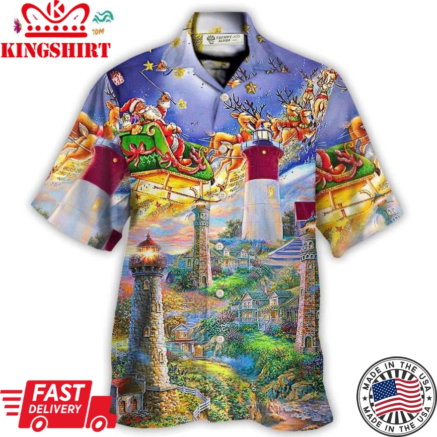 Lighthouse Christmas Santa Home The Light Is Hawaiian Shirt