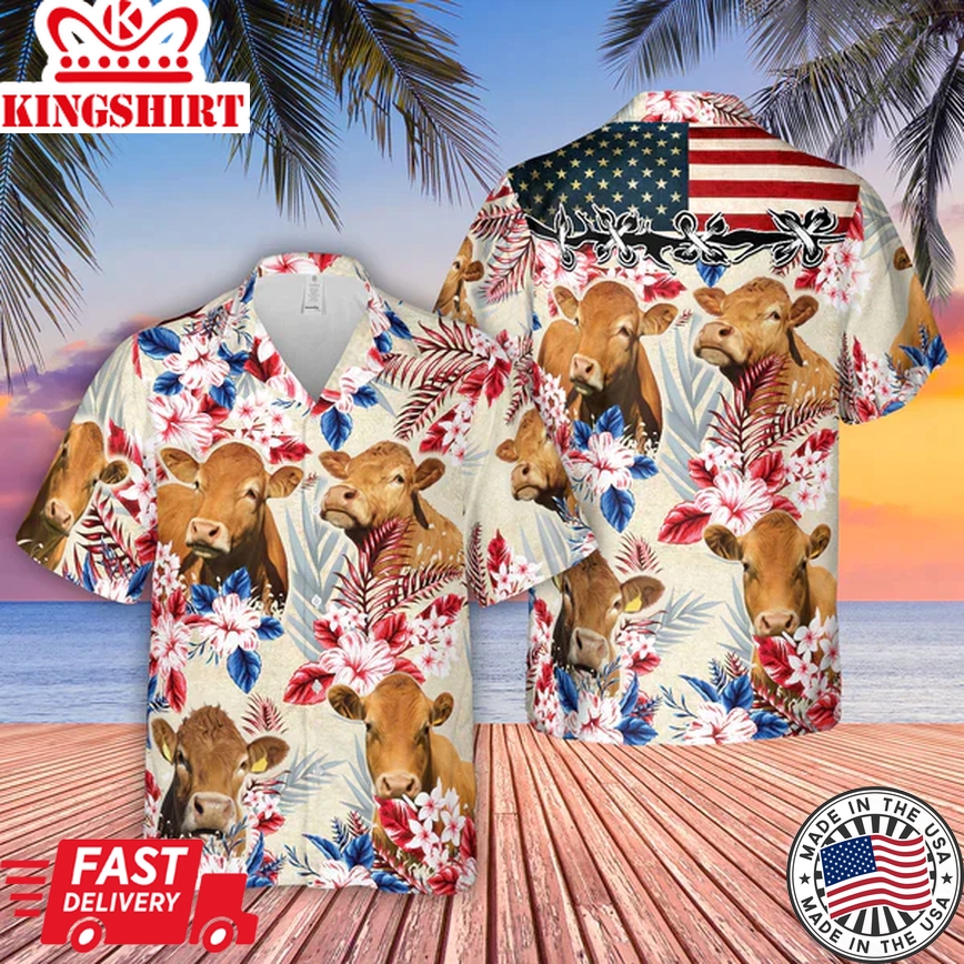 Limousin Pattern Us Flag Trendy Hawaiian Shirt, Farm Cow Trendy Hawaiian Shirt For Men And Women