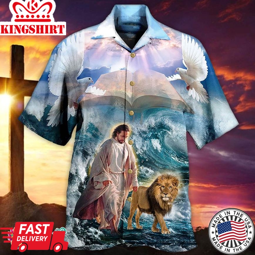 Lion And Jesus Walk On Water Christian Hawaiian, Aloha Hawaiian Shirts