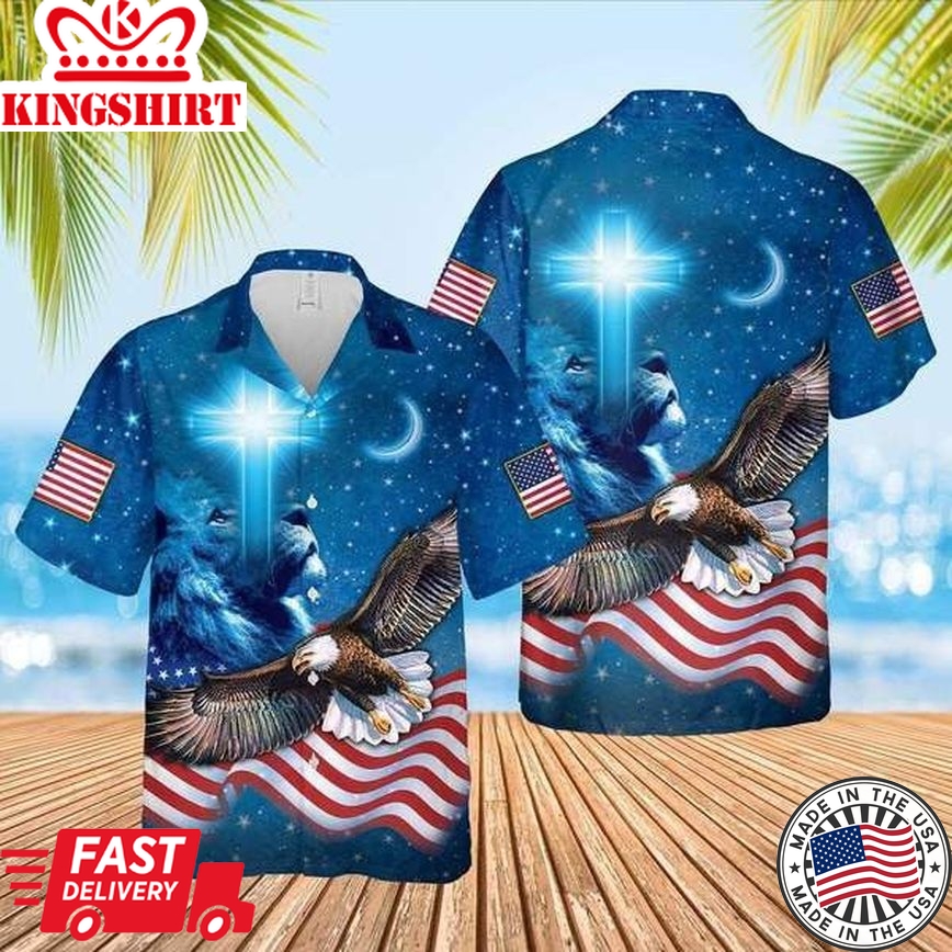 Lion Cross Of Christ Eagle American Flag Patriot Trendy Hawaiian Shirt