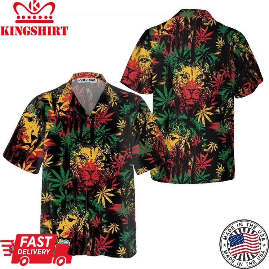 Lion Head With Cannabis Marijuana Leaves Lion Hawaiian Shirt, Button Up Lion Shirt For Men & Women, Cool Gift For Lion Lover