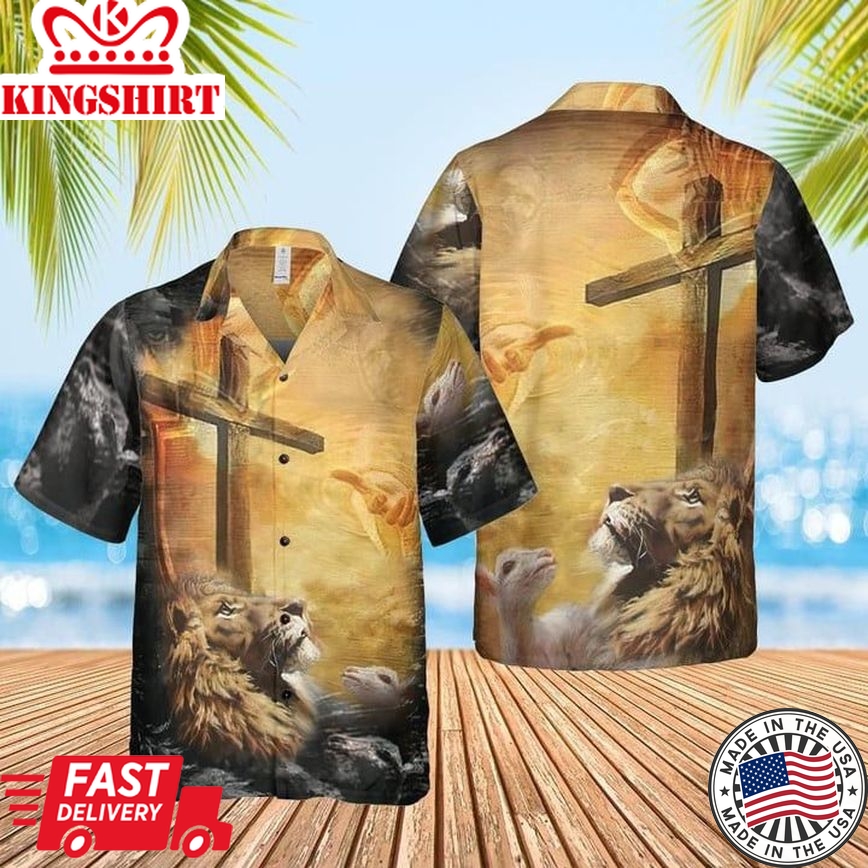 Lion Jesus Cross Sunrise Christianity Trendy Hawaiian Shirt