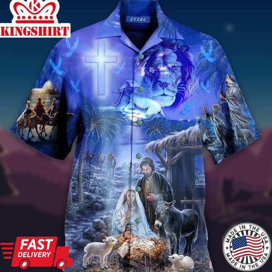 Lion With Jesus Was Born In Farm Blue Aloha Hawaiian Shirts For Men And Women |