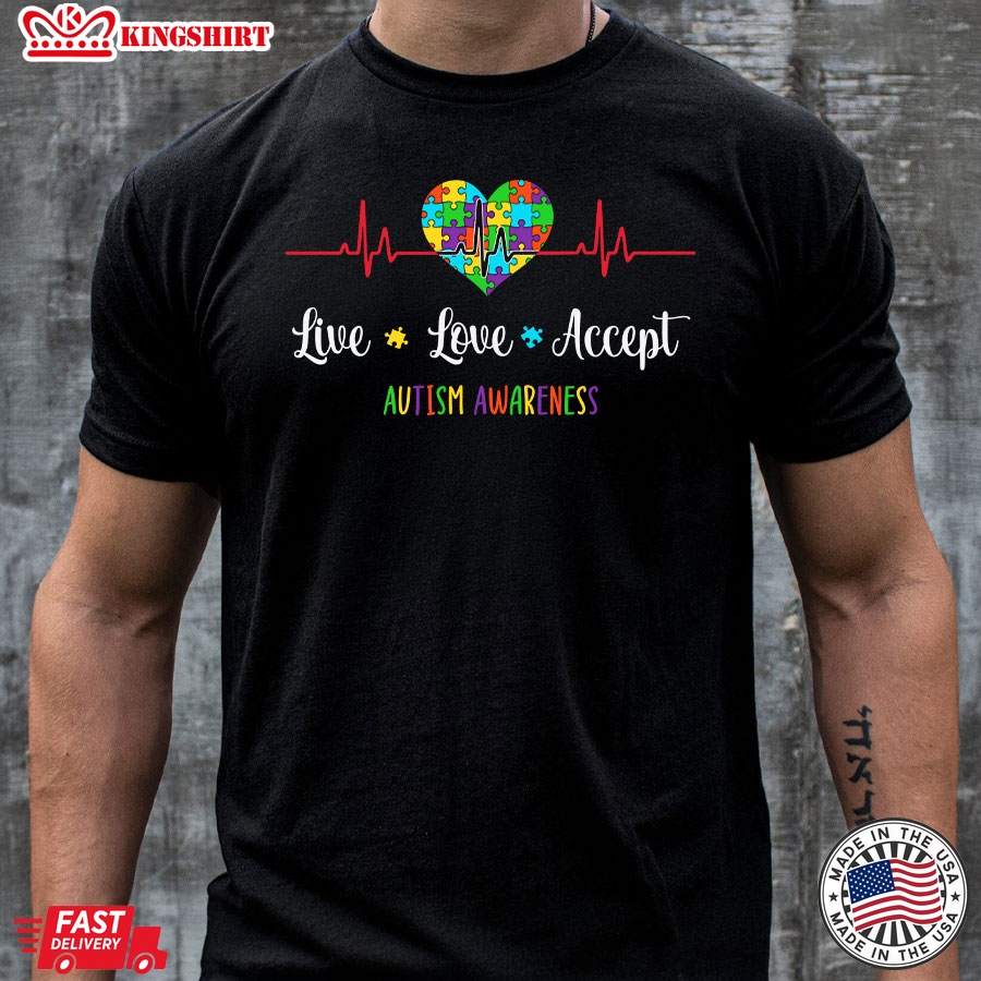 Live Love Accept Autism Awareness Heartbeat T-Shirt