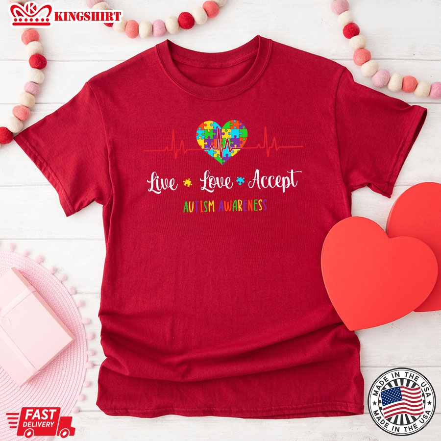 Live Love Accept Autism Awareness Heartbeat T-Shirt