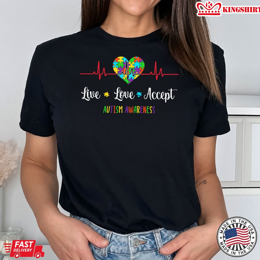 Live Love Accept Autism Awareness Heartbeat T-Shirt