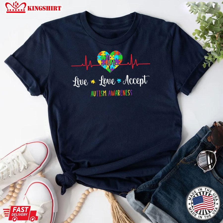 Live Love Accept Autism Awareness Heartbeat T-Shirt