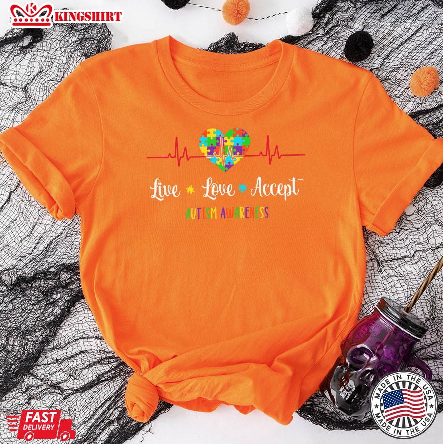 Live Love Accept Autism Awareness Heartbeat T-Shirt