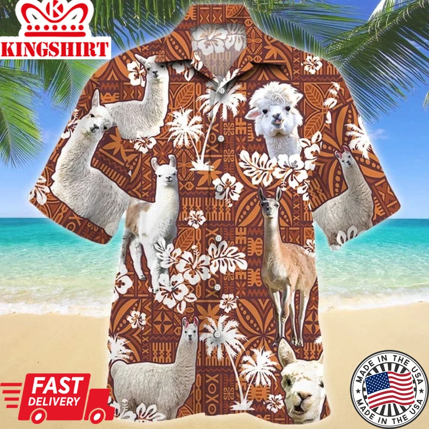 Llama And White Hibiscus On Brown Tribal Trendy Hawaiian Shirt, Short Sleeve Hawaiian Aloha Shirt For Men