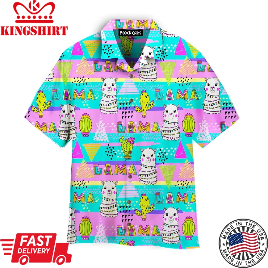 Llama On Bright Neon Pink And Blue Pattern Aloha Trendy Hawaiian Shirts