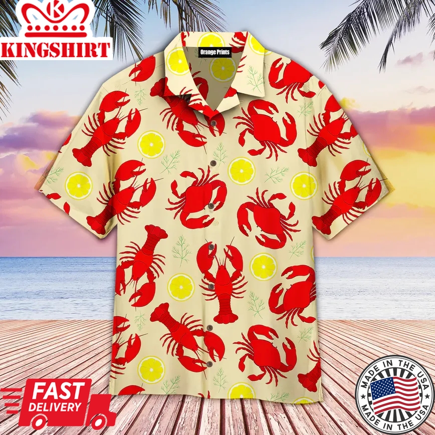 Lobster Crab And Lemon Pattern Trendy Hawaiian Shirt, Crab Lover Trendy Hawaiian Shirt For Summer Gifts