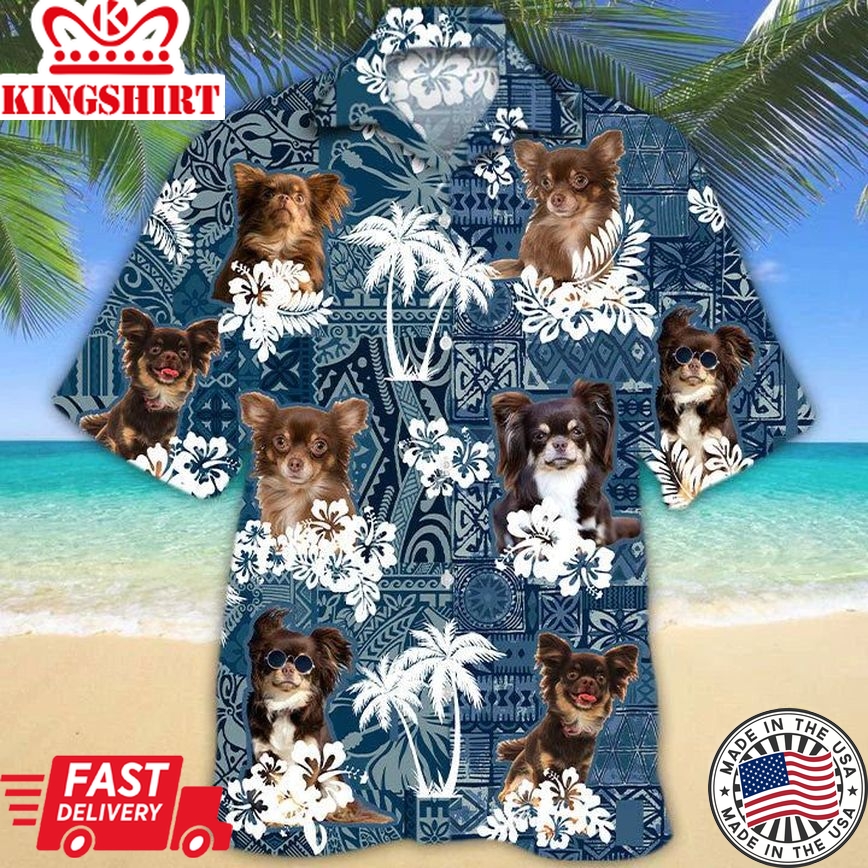 Long Haired Chihuahua Hawaiian Tropical Plants Pattern Blue And White All Over Printed 3D Trendy Hawaiian Shirt