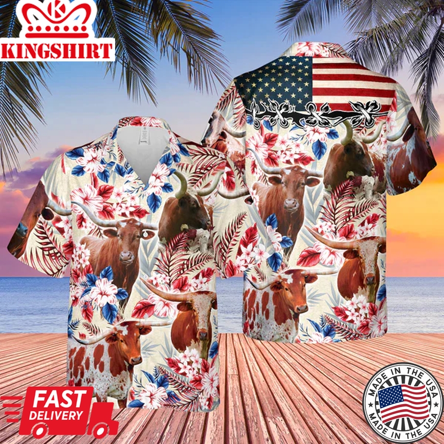 Longhorn Cattle American Flag Hawaiian Flowers 3D Trendy Hawaiian Shirt, Cow Trendy Hawaiian Shirt For Men And Women