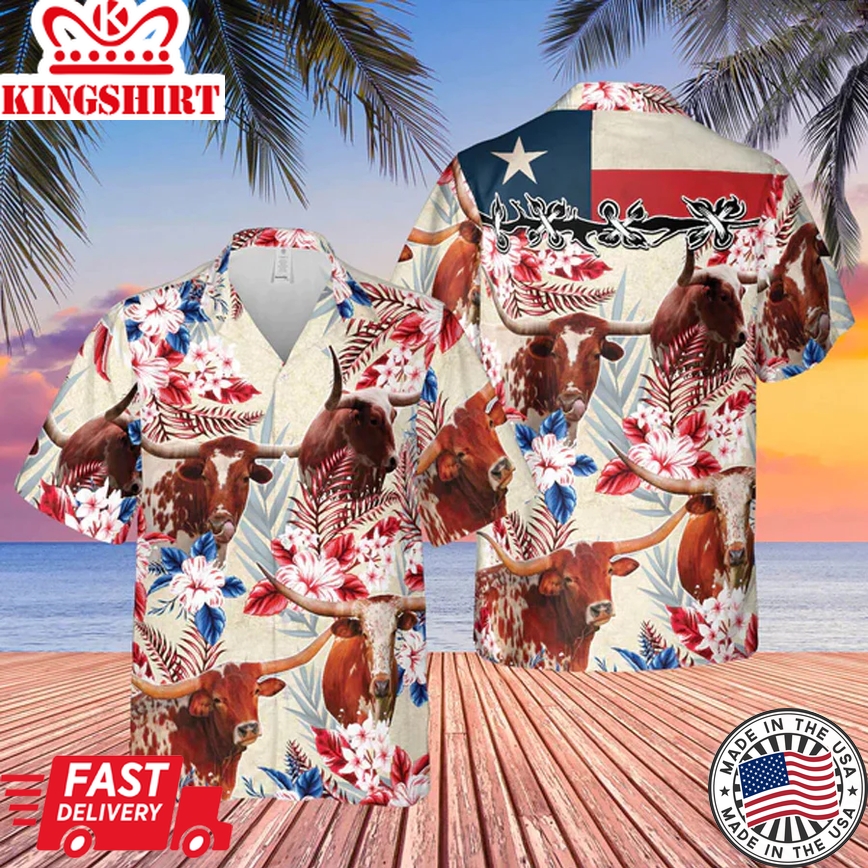 Longhorn Cattle Texas Flag Trendy Hawaiian Shirt, Farm Cow Trendy Hawaiian Shirt For Men And Women