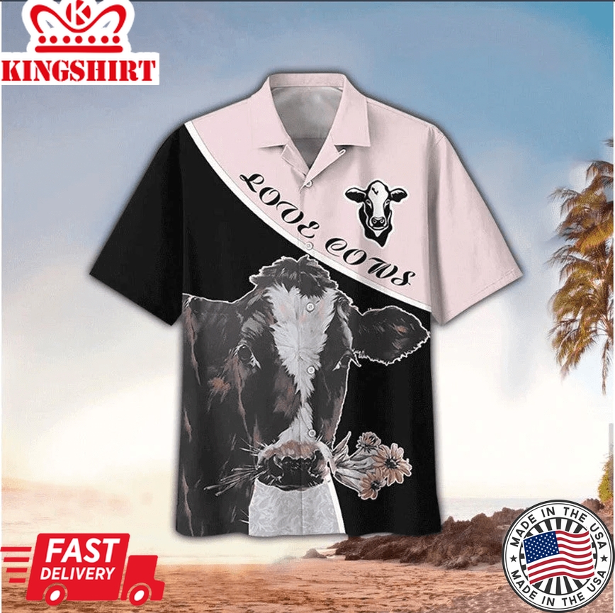 Love Cows Cow Flower Art Casual Button Down Short Sleeves Unisex Trendy Hawaiian Shirt, Hawaii Shirt Men