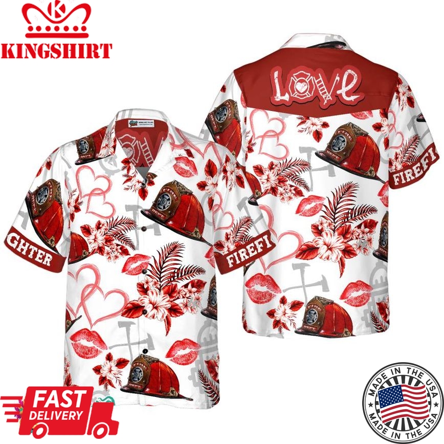 Love Firefighter Helmet Valentine Hawaiian Shirt, Pink Heart Red Floral Firefighter Hawaiian Shirt For Men