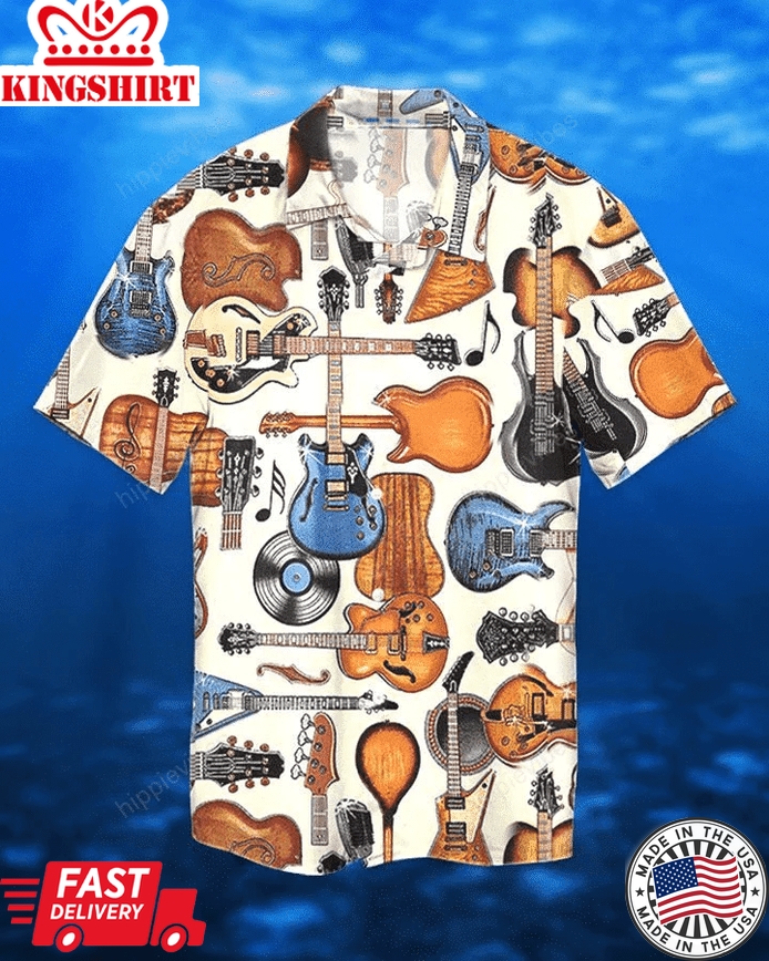 Love Guitar Bass Bling White Trendy Hawaiian Shirt, Short Sleeve Hawaiian Aloha Shirt