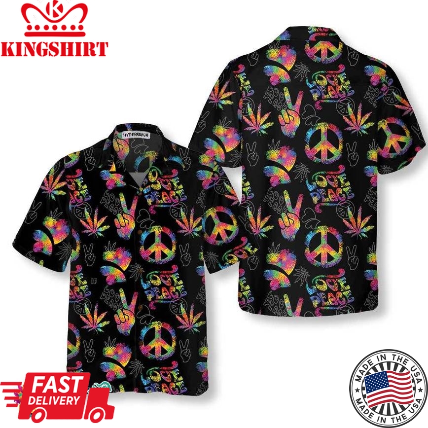 Love Peace Hippie Hawaiian Shirt, Rainbow Hippie Symbols Shirt