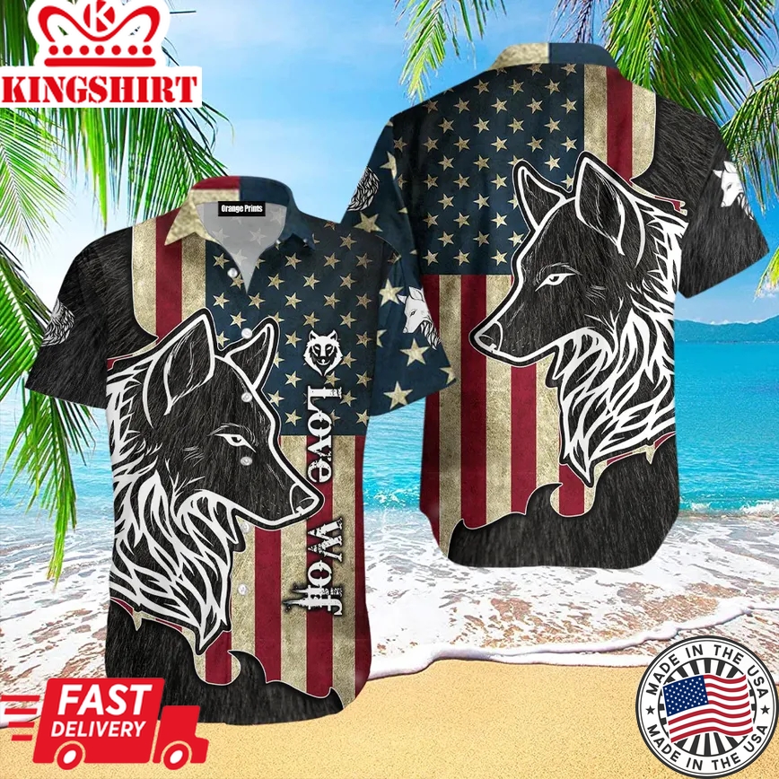 Love Wolf Black America Flag Trendy Hawaiian Shirt For