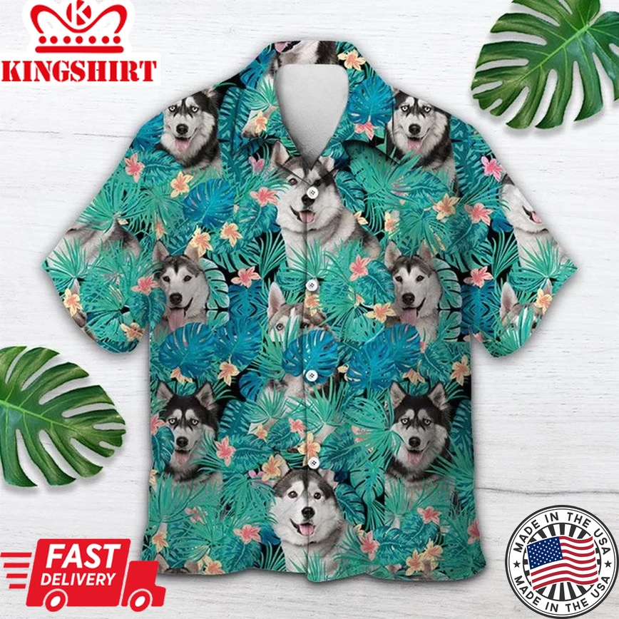 Lovely Siberian Husky In Tropical Palm Leaves Summer Trendy Hawaiian Shirt