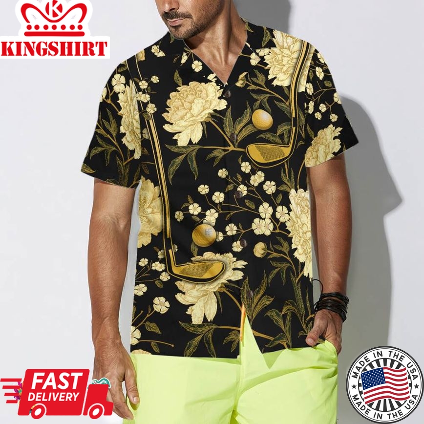 Luxury Black And Gold Floral Golf Club And Ball Hawaiian Shirt