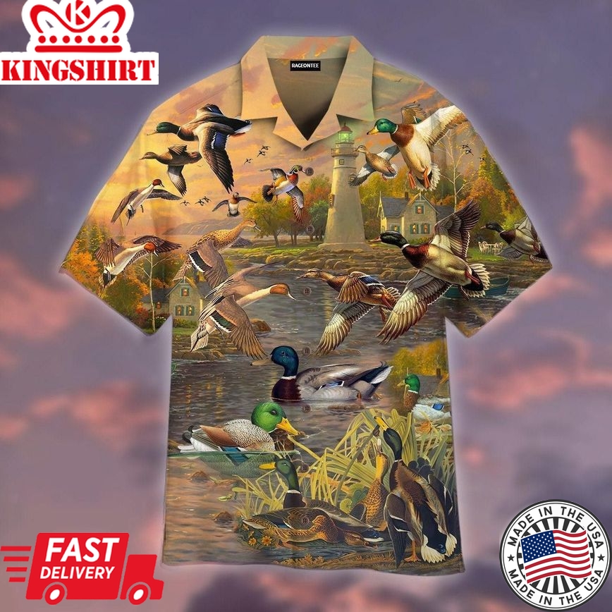 Mallard Duck Lake Sunset Trendy Hawaiian Shirt For