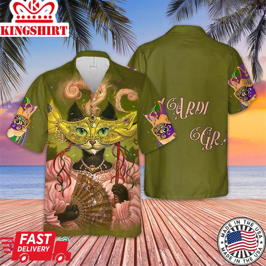 Mardi Gras Cat Hawaiian Shirt, Funny Fat Tuesday Hawaiian, Cat Tuesday Gift, Mardi Gras Parade Hawaiian, Carnival Party Tee, Cat Lover Shirt