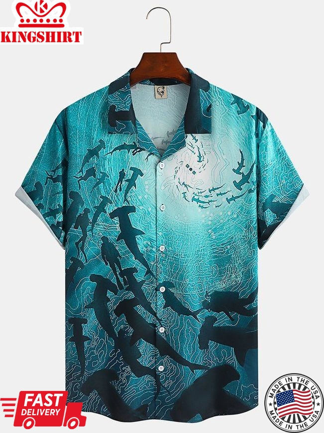 Marine Life Shark Chest Pocket Short Sleeve Hawaiian Shirt