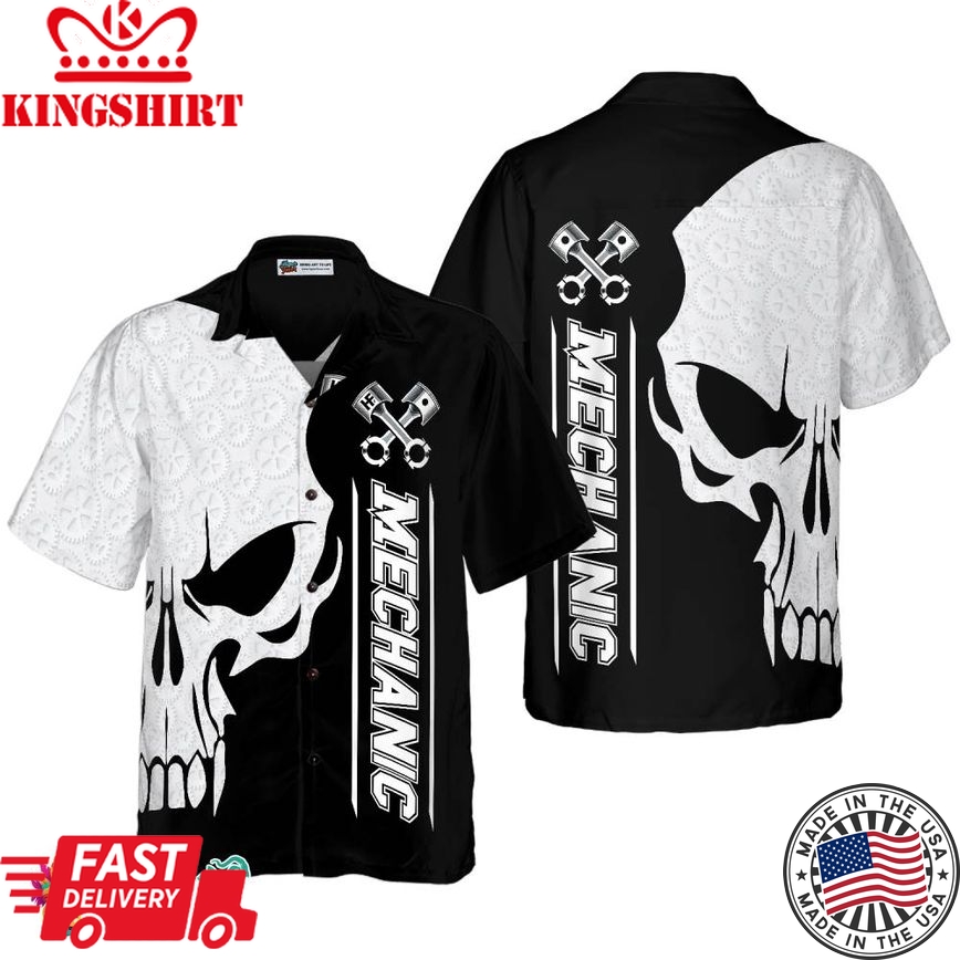 Mechanic Proud Skull Black White Hawaiian Shirt