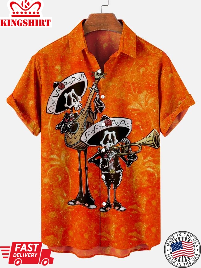 Melodic Skull Serenade: Hawaiian Shirt with Music-themed Skull Motif