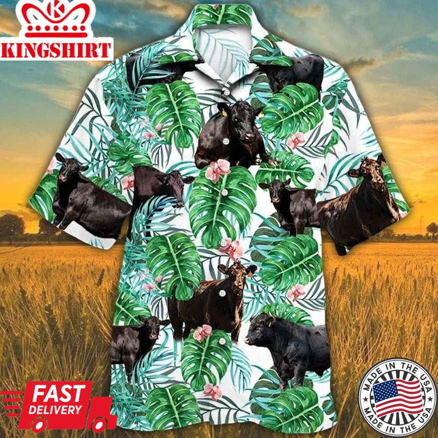 Men Black Angus Cattle Lovers Tropical Plant Trendy Hawaiian Shirt 3, Cow Trendy Hawaiian Shirt For Summer Gifts