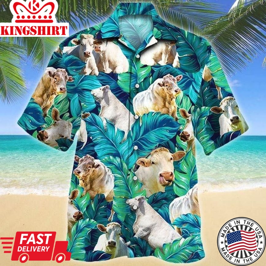 Men Charolais Cattle Trendy Hawaiian Shirt Green, Cow Trendy Hawaiian Shirt For Summer Gifts