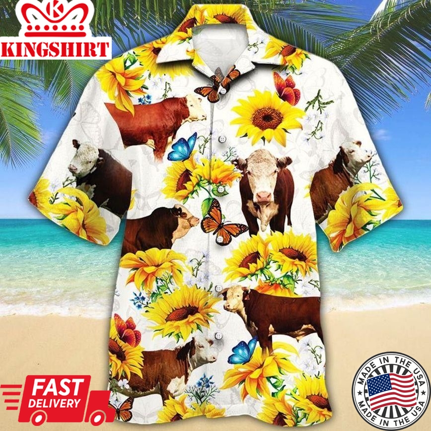 Men Hereford Cattle Hawaii Shirt White, Cow Trendy Hawaiian Shirt For Summer Gifts