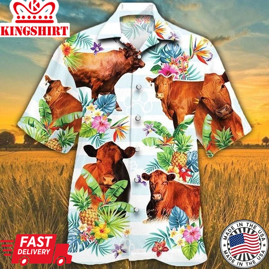 Men Red Angus Cattle Lovers Tropical Plant Trendy Hawaiian Shirt, Cow Trendy Hawaiian Shirt For Summer Gifts