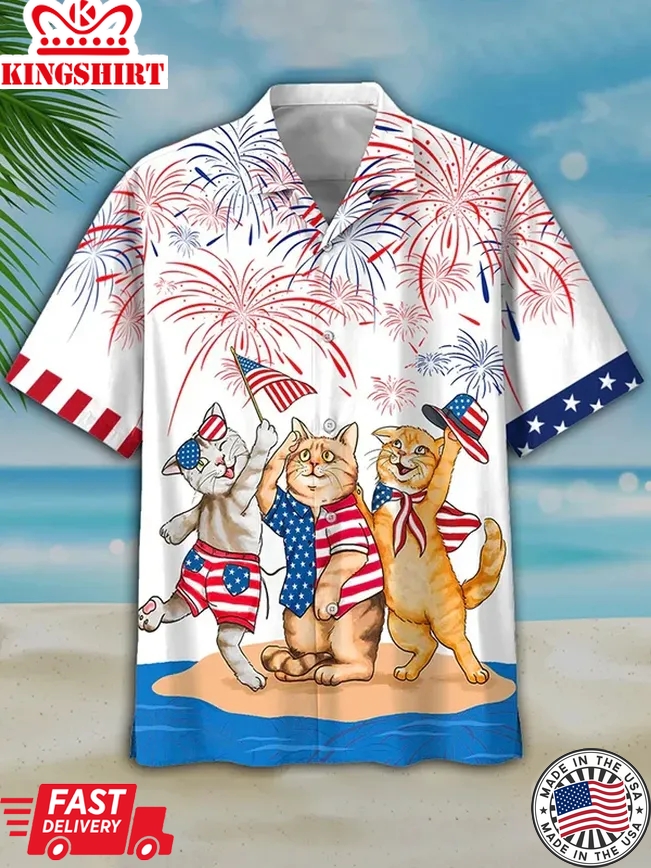 Men's 4Th Of July Cat Trendy Hawaiian Shirt Independence Day Trendy Hawaiian Shirt, Usa Patriotic Trendy Hawaiian Shirt