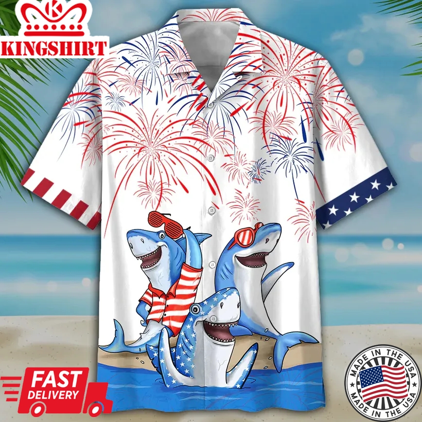 Men's 4Th Of July Shark Trendy Hawaiian Shirt Independence Day Trendy Hawaiian Shirt, Usa Patriotic Trendy Hawaiian Shirt