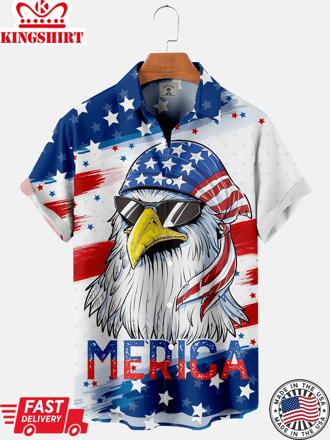 Men's American Flag And Cool Eagle Merica Print Short Sleeve Trendy Hawaiian Shirt