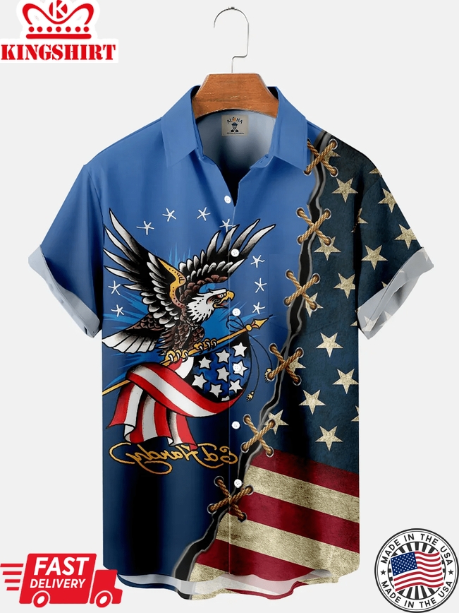 Men's American Flag And Eagle Panel Print Short Sleeve Shirt, 4Th Of July Trendy Hawaiian Shirt For Men