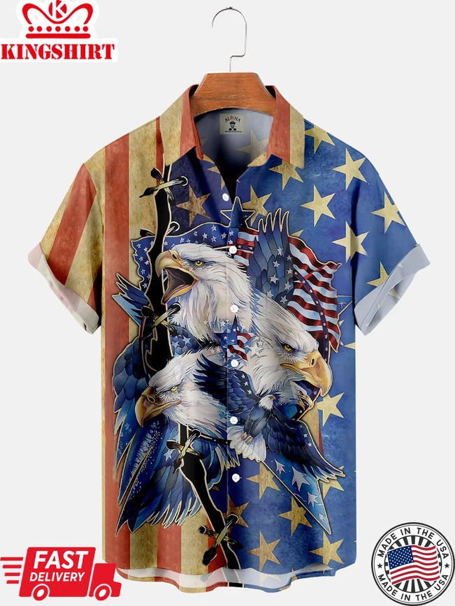 Men's American Flag And Eagle Print Short Sleeve Trendy Hawaiian Shirt, 4Th Of July Trendy Hawaiian Shirt For Men