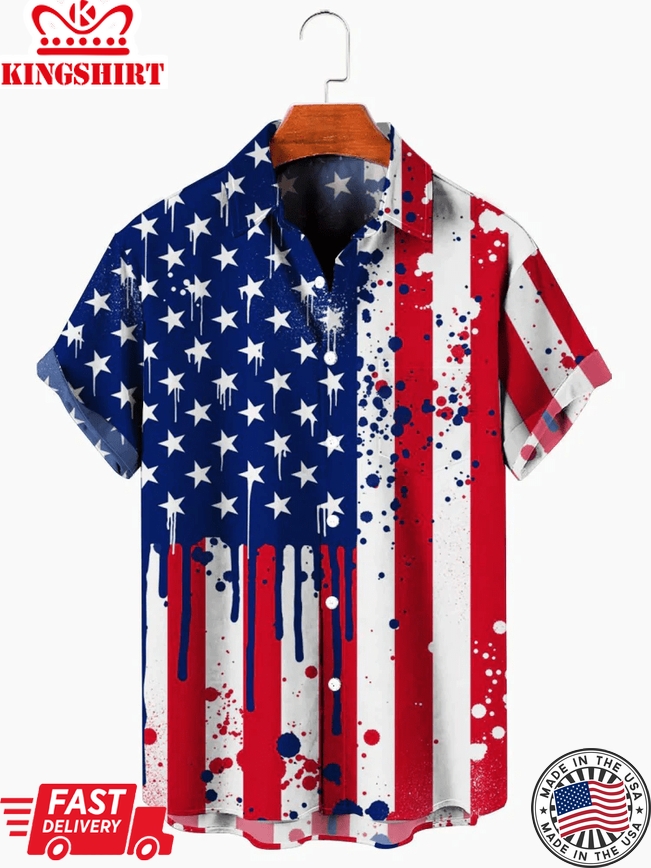 Men's American Flag Print 4Th Of July Trendy Hawaiian Shirt For Men And Women