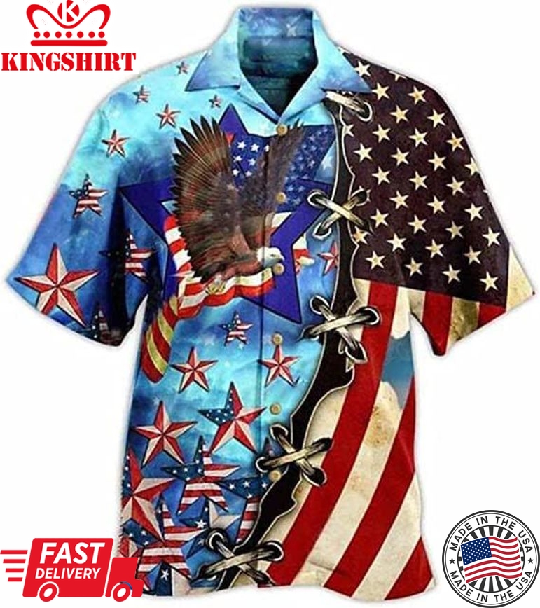 Men's American Flag Print Shirt Summer Short Holiday Beach Aloha Shirts, 4Th Of July Trendy Hawaiian Shirt