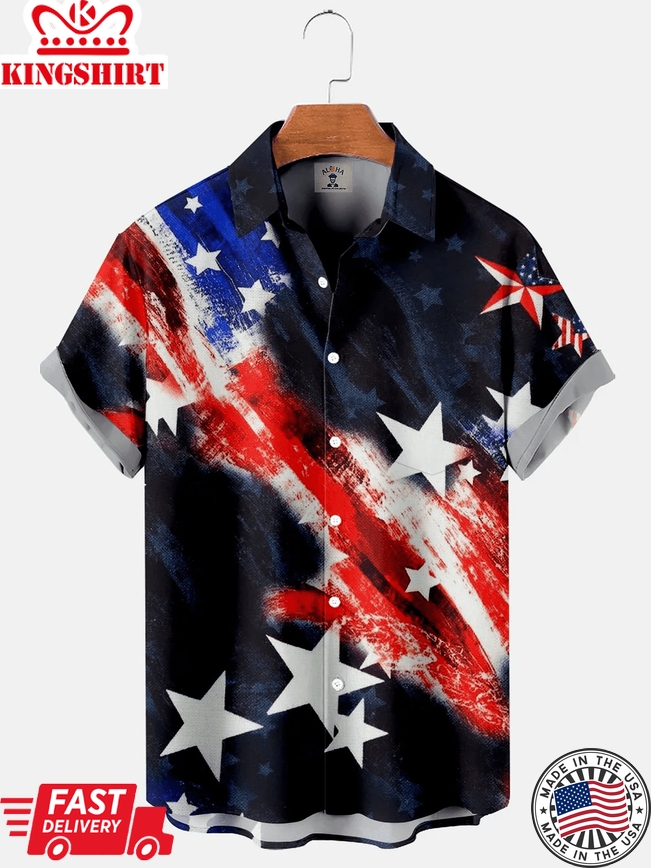 Men's American Flag Star Print Short Sleeve Trendy Hawaiian Shirt, 4Th Of July Trendy Hawaiian Shirt