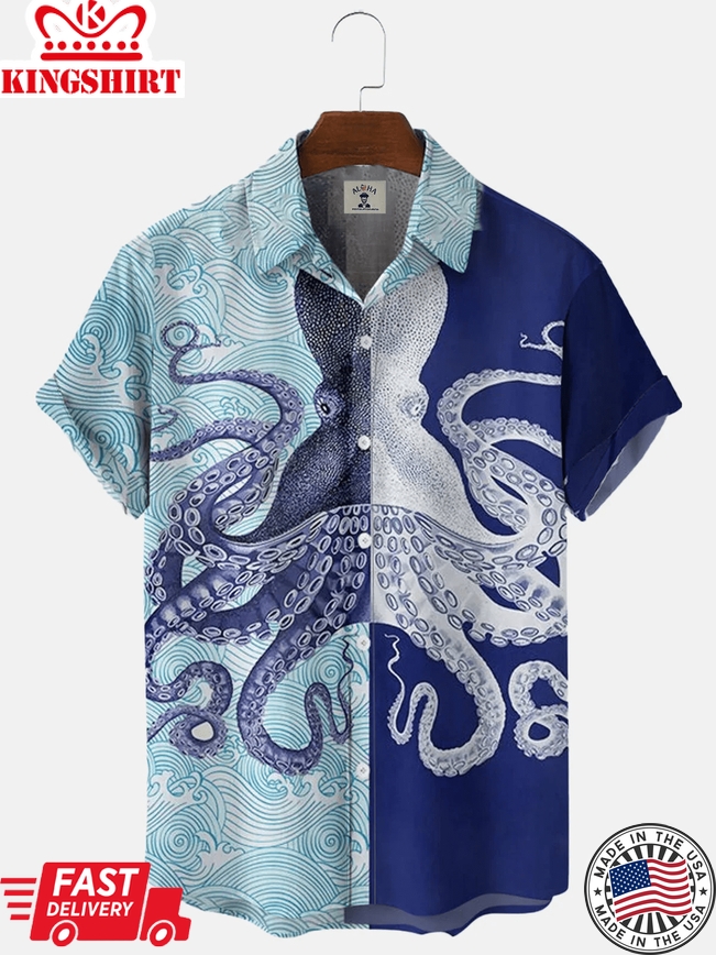 Men's Beach Octopus Print Short Sleeve Trendy Hawaiian Shirt