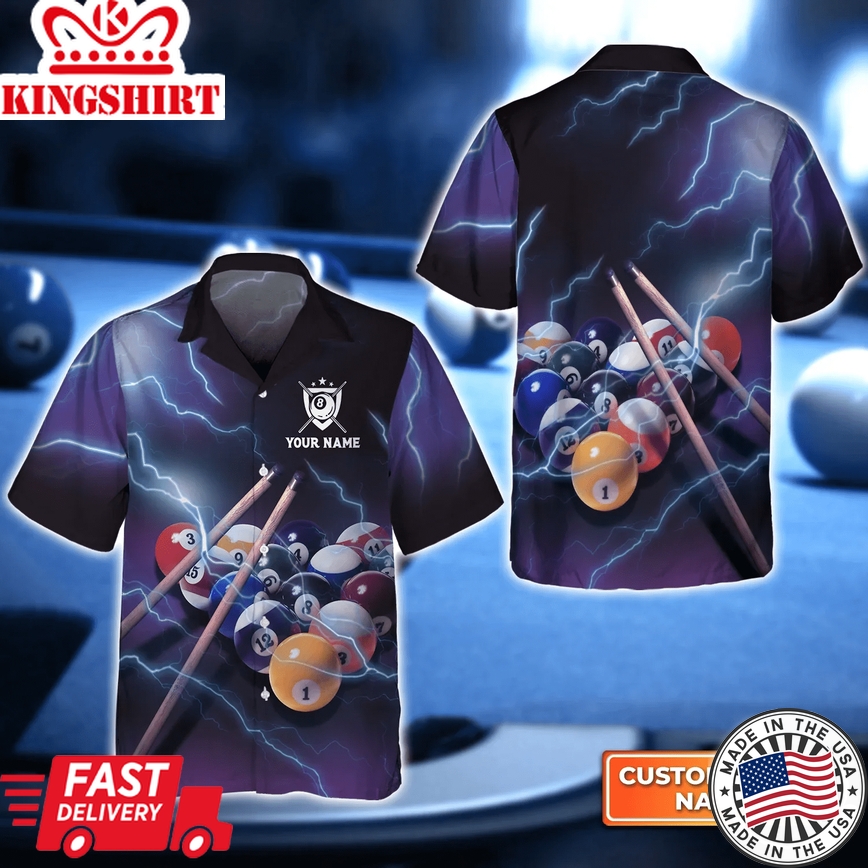 Men's Billiard 8 Ball Thunder Lightning 3D Trendy Hawaiian Shirt, Billiard Team Uniform, Gift For Billiard Players