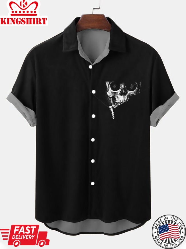 Men's Casual Black Skull Print Short Sleeve Shirt Button Down Shirt