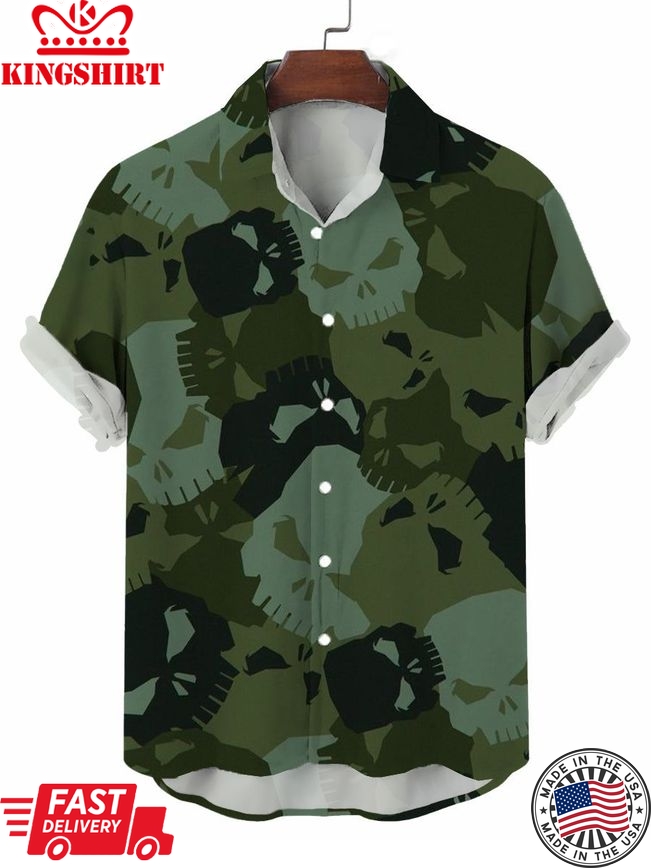 Men's Casual Camouflage Skull Pattern Print Short Sleeve Shirt Button Down Shirt