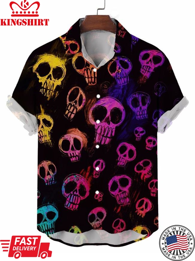 Men's Casual Color Skull Print Short Sleeve Shirt Button Down Shirt