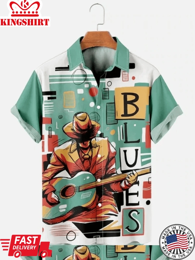 Men's Casual Simple Blues Music Guitar Print Short Sleeve Trendy Hawaiian Shirt