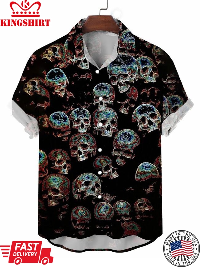 Men's Casual Skull Print Short Sleeve Shirt Button Down Shirt