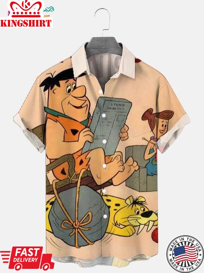 Men's Classic Flintstones Barney And Fred Bowling Print Aloha Shirt